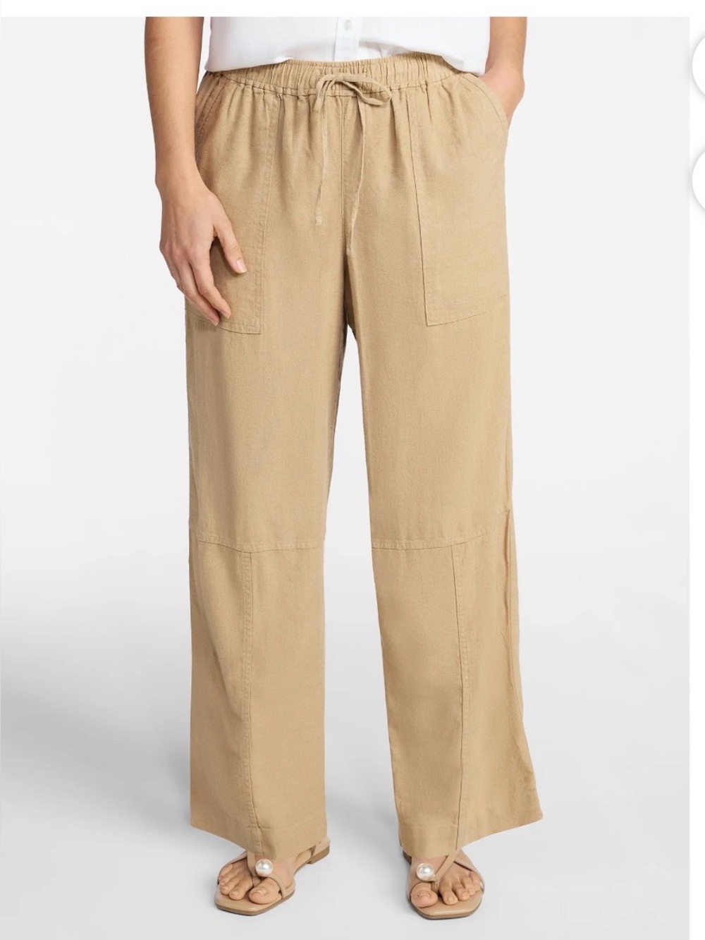 Time & Tru Linen Blend Drawstring Wide-Leg Pants in Tan
